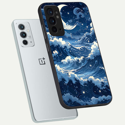  Ocean Moon Waves phone case For OnePlus 9RT showing premium glass back cover with detailed artwork