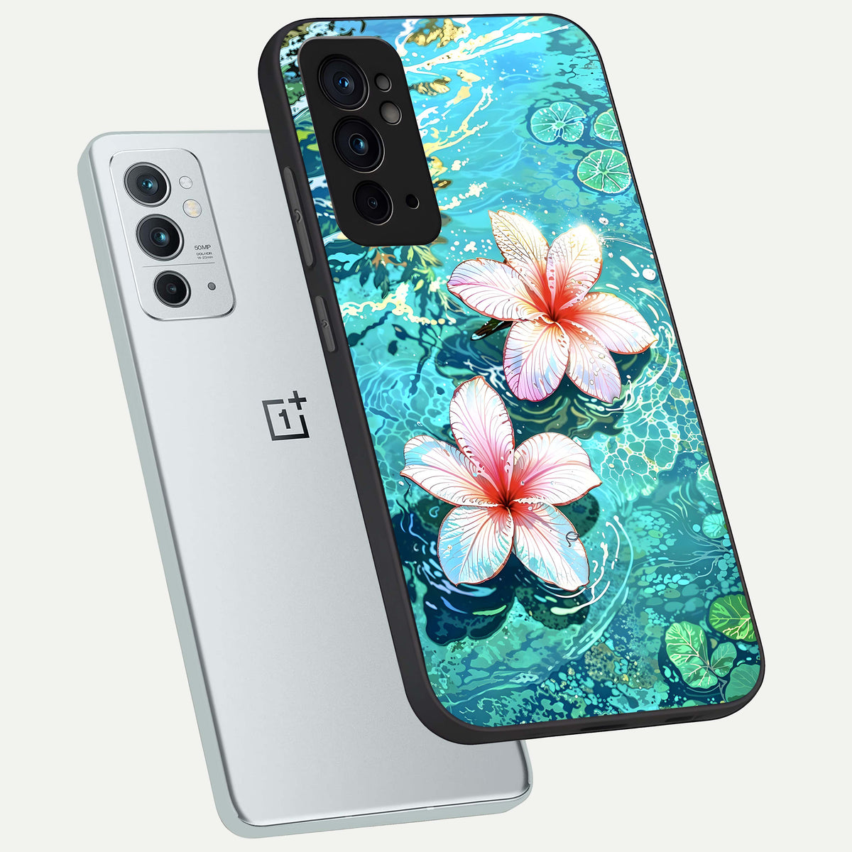  Pink Flowers in Water phone case For OnePlus 9RT showing premium glass back cover with detailed artwork