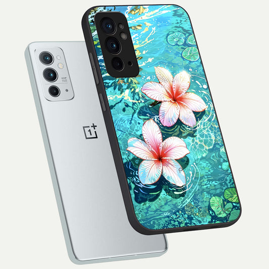  Pink Flowers in Water phone case For OnePlus 9RT showing premium glass back cover with detailed artwork