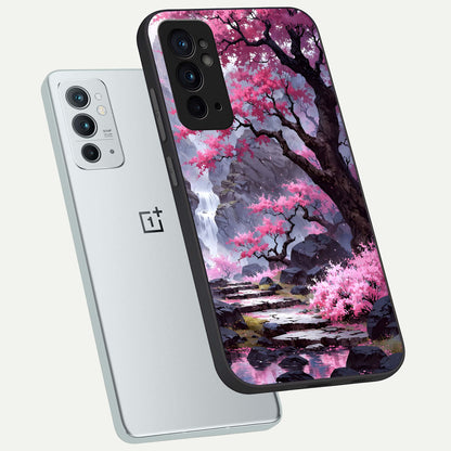  Pink Sunflower Glow phone case For OnePlus 9RT showing premium glass back cover with detailed artwork