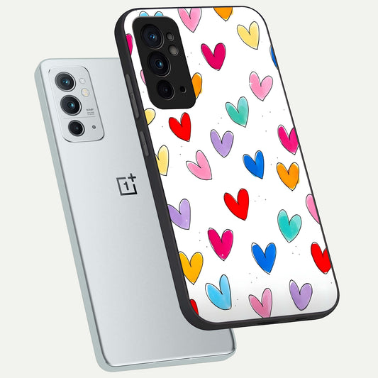  Playful Love Doodles phone case For OnePlus 9RT showing premium glass back cover with detailed artwork