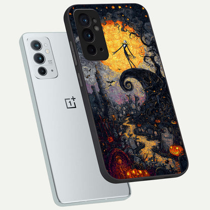  Pumpkin Moon Night phone case For OnePlus 9RT showing premium glass back cover with detailed artwork
