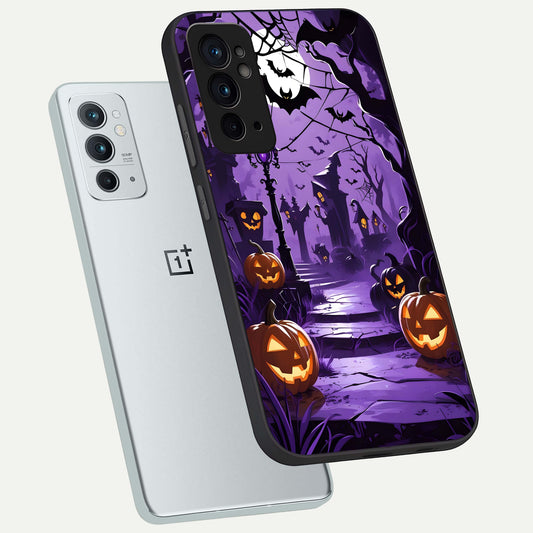  Pumpkin Patch Halloween phone case For OnePlus 9RT showing premium glass back cover with detailed artwork