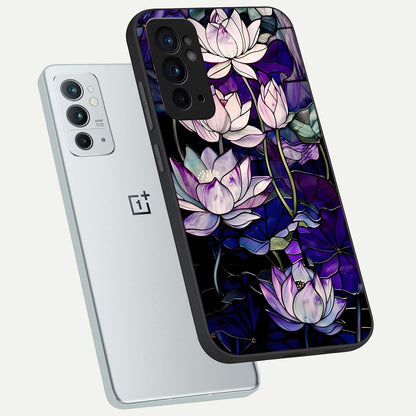  Purple Lotus Pattern phone case For OnePlus 9RT showing premium glass back cover with detailed artwork