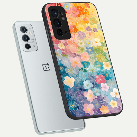  Rainbow Blossom Burst phone case For OnePlus 9RT showing premium glass back cover with detailed artwork