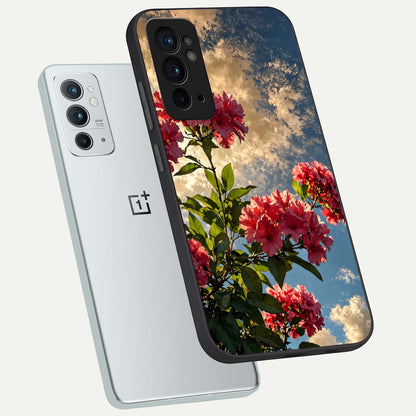  Red Bloom Skies phone case For OnePlus 9RT showing premium glass back cover with detailed artwork