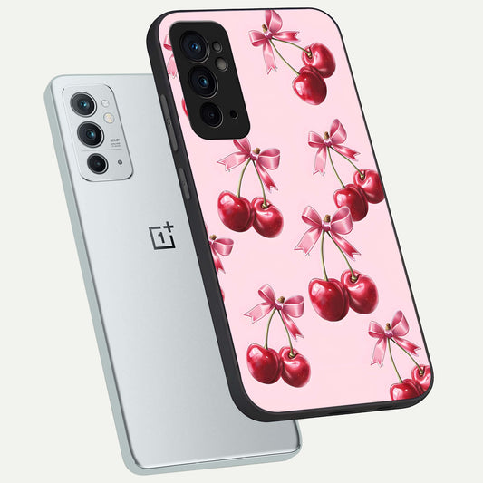  Red Cherries Pattern phone case For OnePlus 9RT showing premium glass back cover with detailed artwork