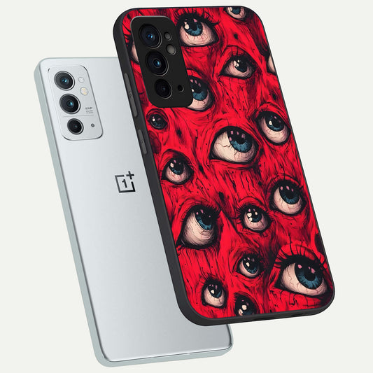  Red Eyes Pattern phone case For OnePlus 9RT showing premium glass back cover with detailed artwork