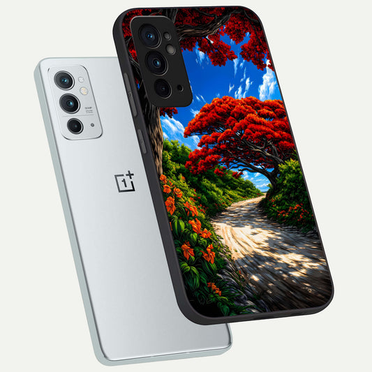 Red Trees Pathway phone case For OnePlus 9RT showing premium glass back cover with detailed artwork
