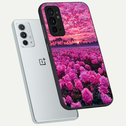  Rose Sunset Valley phone case For OnePlus 9RT showing premium glass back cover with detailed artwork