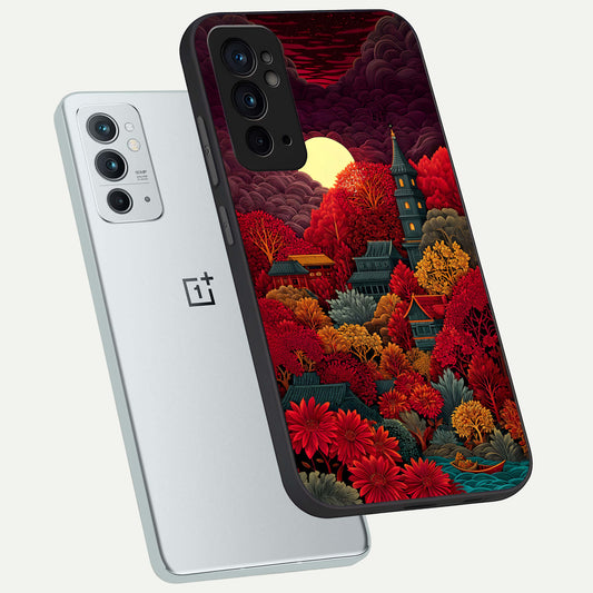  Scarlet Autumn Temple phone case For OnePlus 9RT showing premium glass back cover with detailed artwork