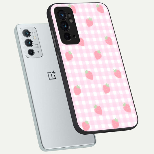  Strawberry Picnic Love phone case For OnePlus 9RT showing premium glass back cover with detailed artwork