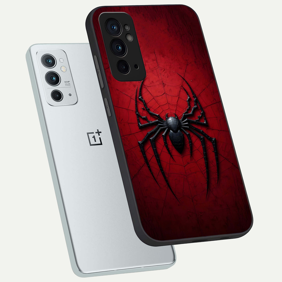  Superhero Web Emblem phone case For OnePlus 9RT showing premium glass back cover with detailed artwork