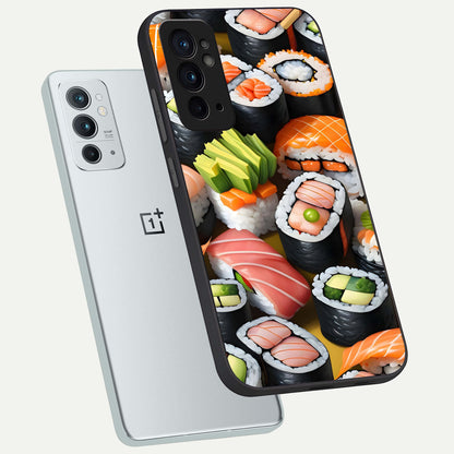  Sushi Food Pattern phone case For OnePlus 9RT showing premium glass back cover with detailed artwork