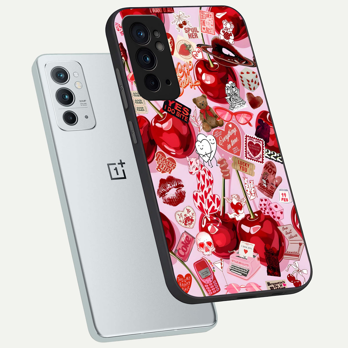  Sweet Cherry Chaos phone case For OnePlus 9RT showing premium glass back cover with detailed artwork