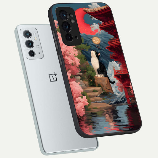  Temple Cat Scenery phone case For OnePlus 9RT showing premium glass back cover with detailed artwork