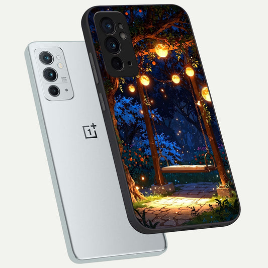  Twilight Garden Swing phone case For OnePlus 9RT showing premium glass back cover with detailed artwork
