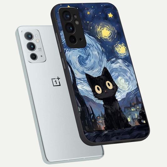  Van Gogh Cat phone case For OnePlus 9RT showing premium glass back cover with detailed artwork