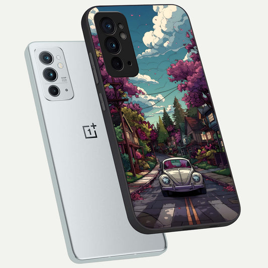  Vintage Street Drive phone case For OnePlus 9RT showing premium glass back cover with detailed artwork
