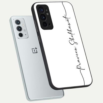  White Tune Custom Name phone case For OnePlus 9RT showing premium custom name glass back cover