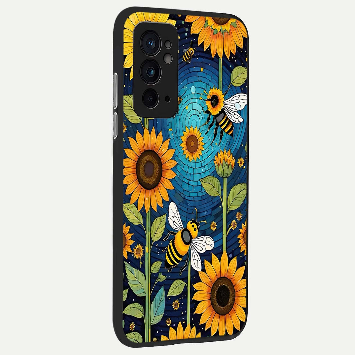  Bees And Sunflowers back cover For OnePlus 9RT slim fit glass case with vibrant aesthetic design