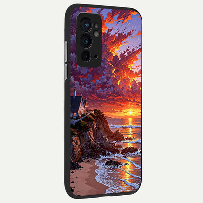  Sunset House By Sea back cover For OnePlus 9RT slim fit glass case with vibrant aesthetic design