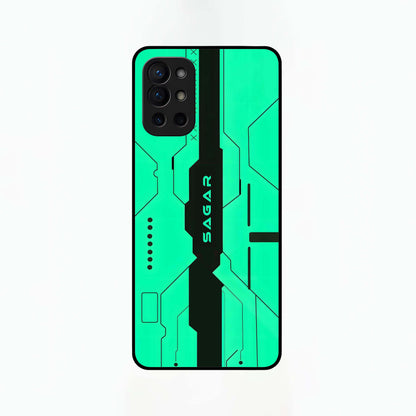  Aqua Tech CYBERPUNK Custom Name Glass Case For OnePlus 9R back cover – full design glossy printed glass finish
