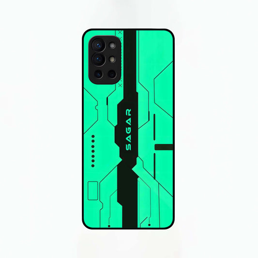 Aqua Tech CYBERPUNK Custom Name Glass Case For OnePlus 9R back cover – full design glossy printed glass finish