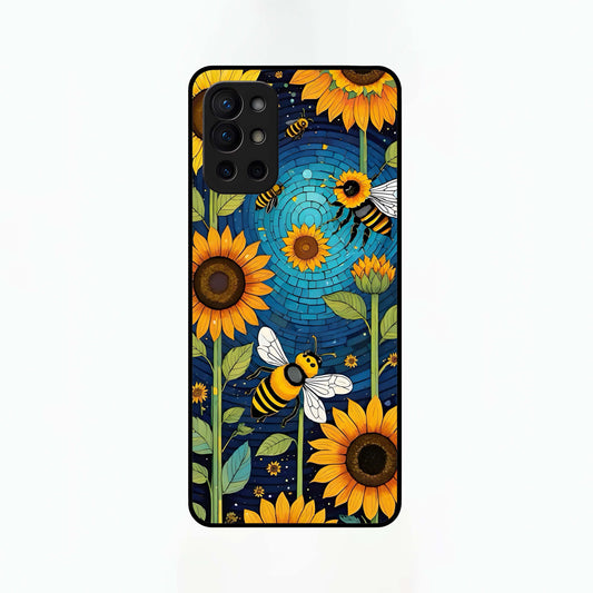  Bees And Sunflowers Glass Case For OnePlus 9R back cover – full design glossy printed glass finish