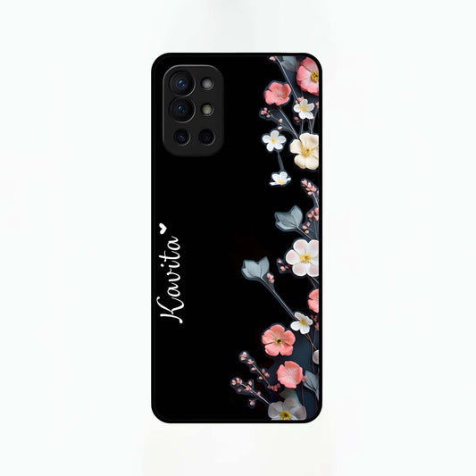  Black Elegance Floral Custom Name Glass Case For OnePlus 9R back cover – full design glossy printed glass finish