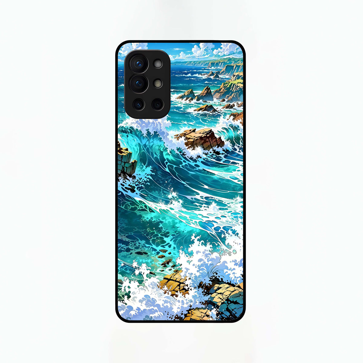  Coastal Blue Waves Glass Case For OnePlus 9R back cover – full design glossy printed glass finish