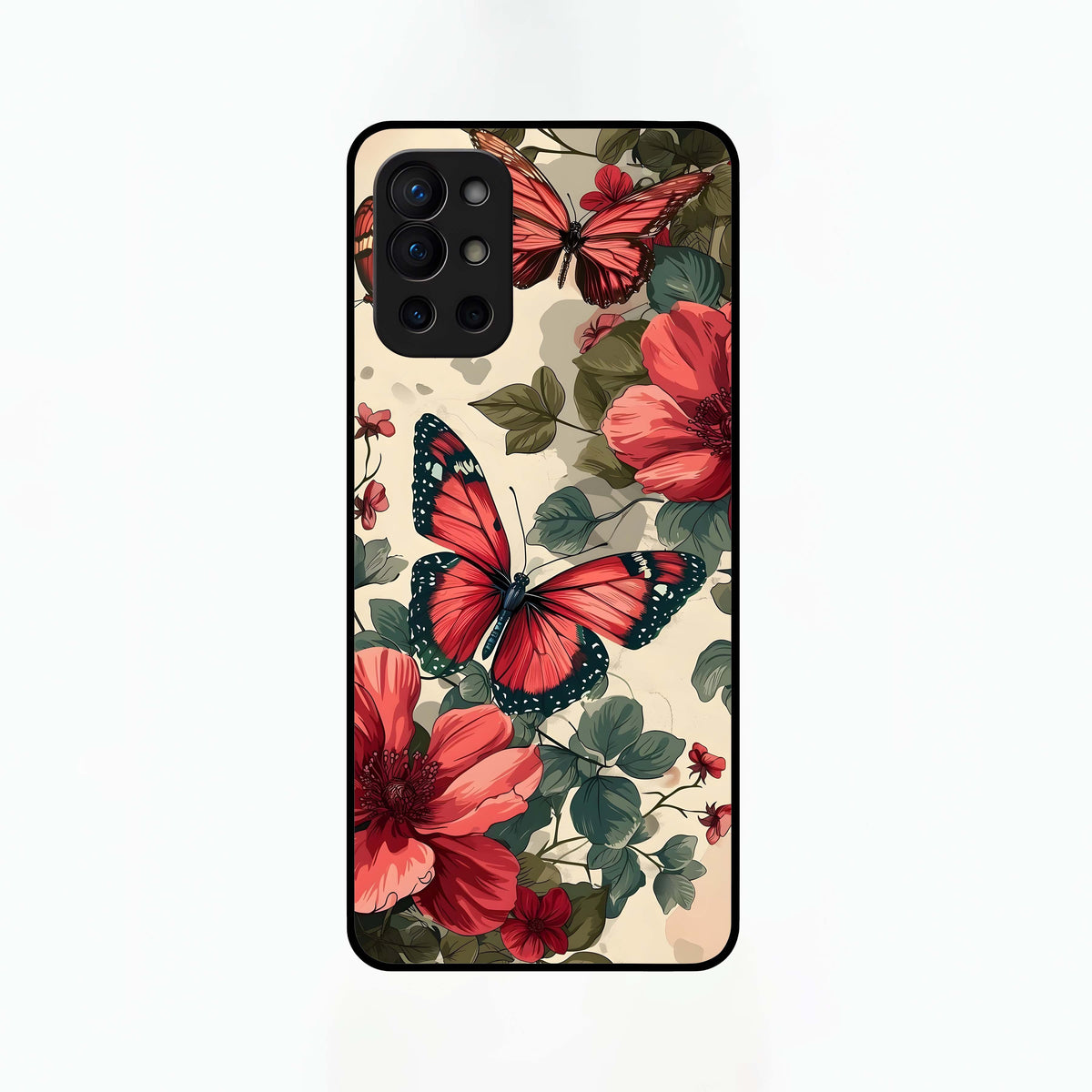  Crimson Butterfly Garden Glass Case For OnePlus 9R back cover – full design glossy printed glass finish