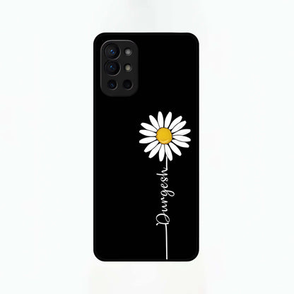  Custom Name White Flower Glass Case For OnePlus 9R back cover – full design glossy printed glass finish