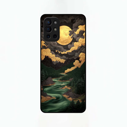  Golden River Moon Glass Case For OnePlus 9R back cover – full design glossy printed glass finish