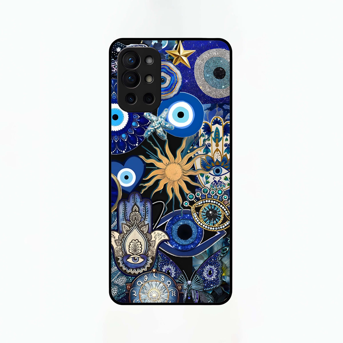  Mystic Blue Evil Eye Glass Case For OnePlus 9R back cover – full design glossy printed glass finish