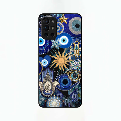  Mystic Blue Evil Eye Glass Case For OnePlus 9R back cover – full design glossy printed glass finish