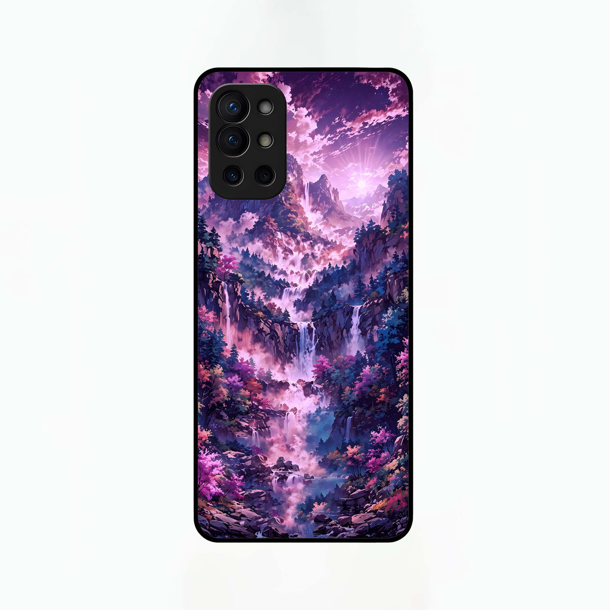  Mystic Cascade Peaks Glass Case For OnePlus 9R back cover – full design glossy printed glass finish