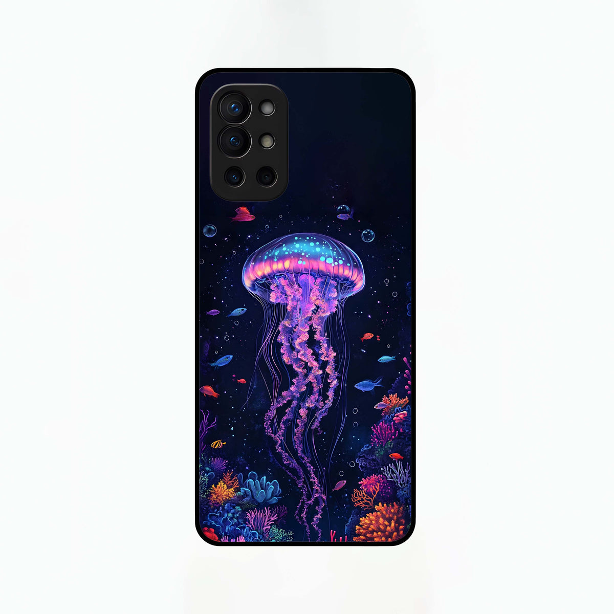  Neon Jellyfish Glass Case For OnePlus 9R back cover – full design glossy printed glass finish