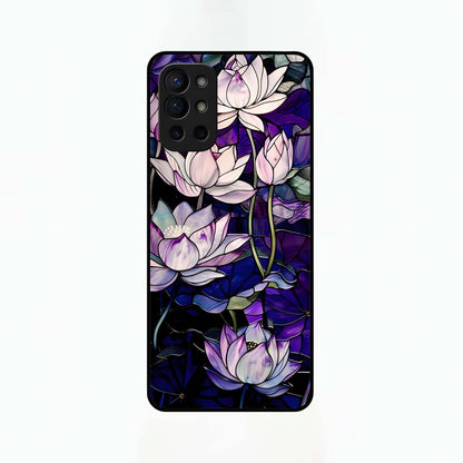  Purple Lotus Pattern Glass Case For OnePlus 9R back cover – full design glossy printed glass finish