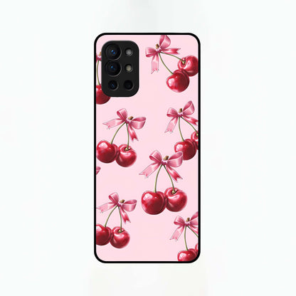  Red Cherries Pattern Glass Case For OnePlus 9R back cover – full design glossy printed glass finish