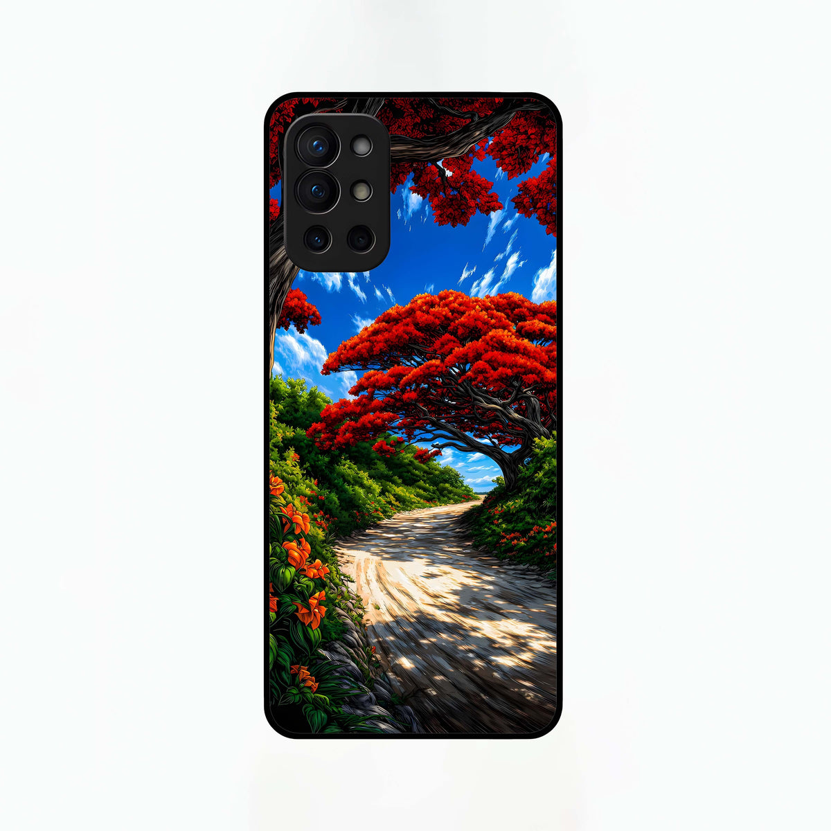  Red Trees Pathway Glass Case For OnePlus 9R back cover – full design glossy printed glass finish