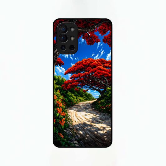  Red Trees Pathway Glass Case For OnePlus 9R back cover – full design glossy printed glass finish