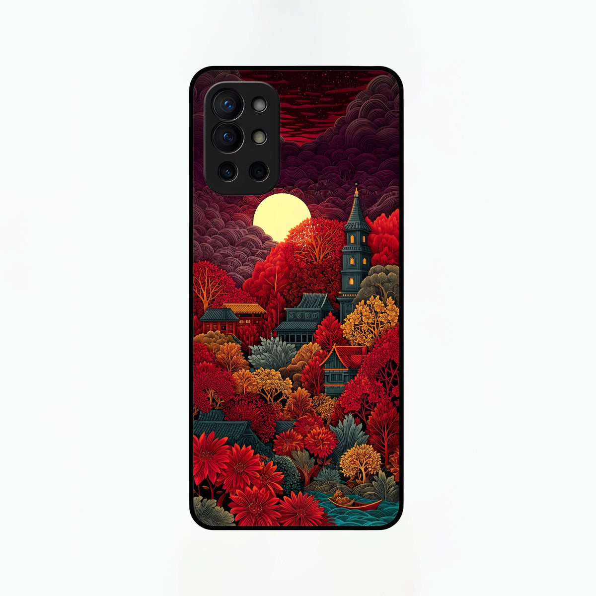  Scarlet Autumn Temple Glass Case For OnePlus 9R back cover – full design glossy printed glass finish