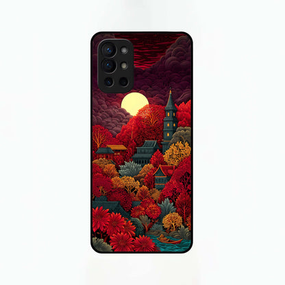  Scarlet Autumn Temple Glass Case For OnePlus 9R back cover – full design glossy printed glass finish