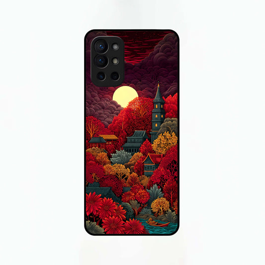  Scarlet Autumn Temple Glass Case For OnePlus 9R back cover – full design glossy printed glass finish