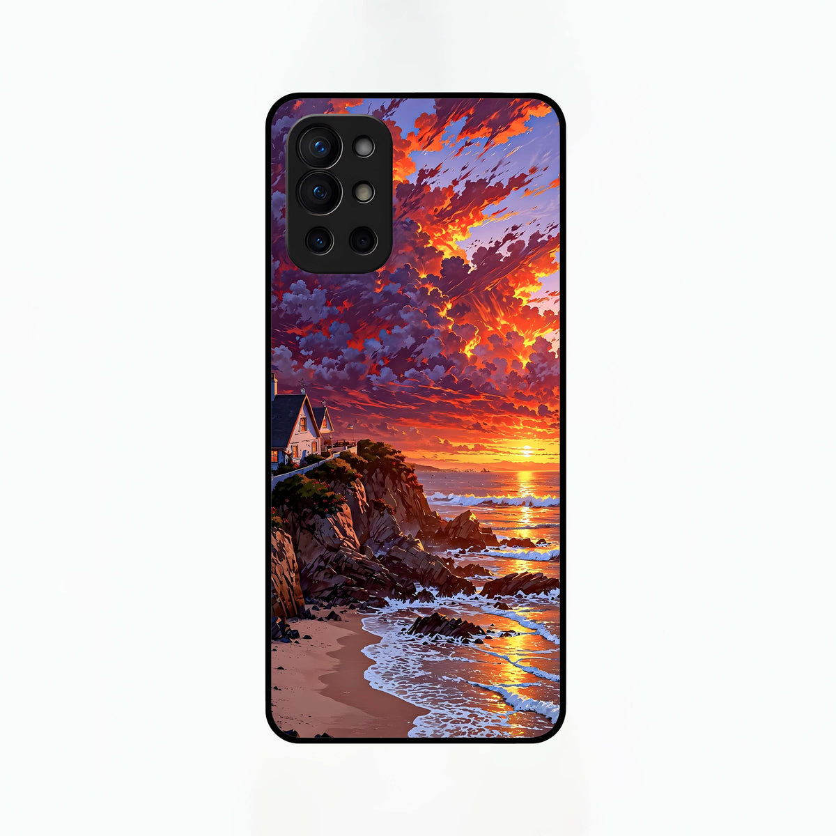  Sunset House By Sea Glass Case For OnePlus 9R back cover – full design glossy printed glass finish