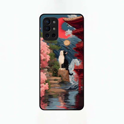  Temple Cat Scenery Glass Case For OnePlus 9R back cover – full design glossy printed glass finish