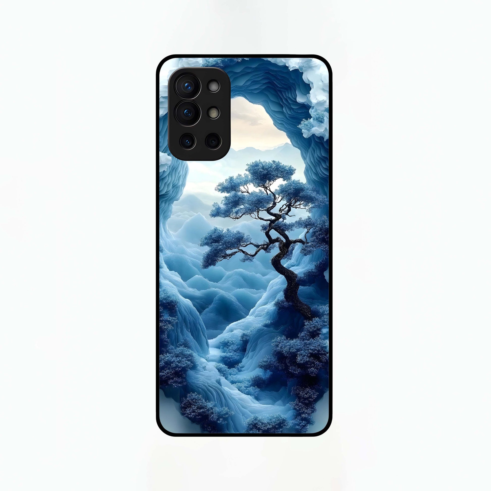 Frozen Serenity Gate Glass Case captured at a warm angle highlighting cool tones, gloss, and edge clarity.