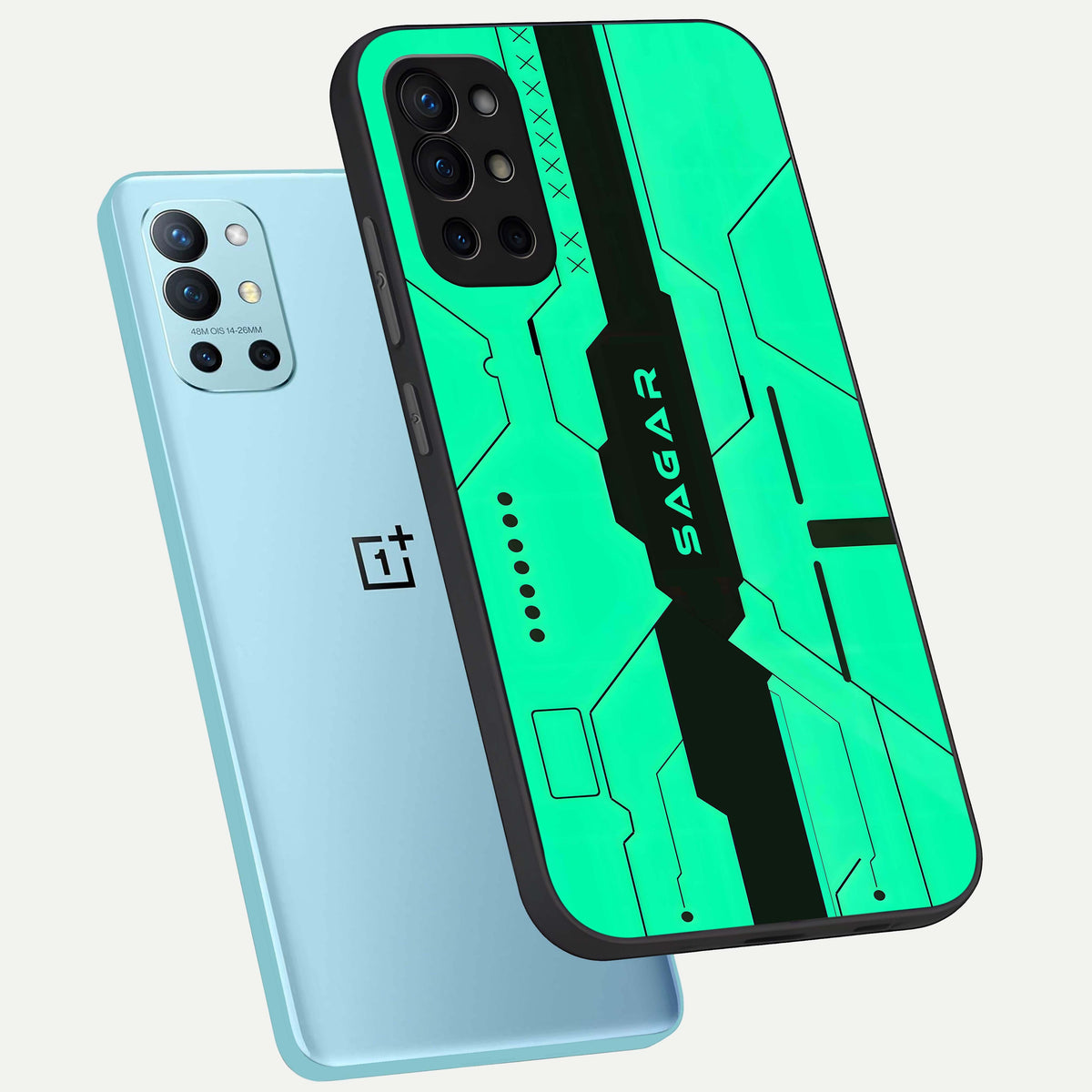  Aqua Tech CYBERPUNK Custom Name phone case For OnePlus 9R showing premium glass back cover with detailed artwork