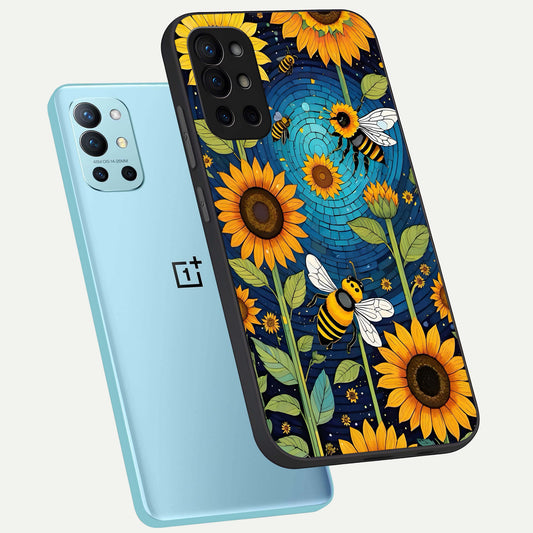  Bees And Sunflowers phone case For OnePlus 9R showing premium glass back cover with detailed artwork